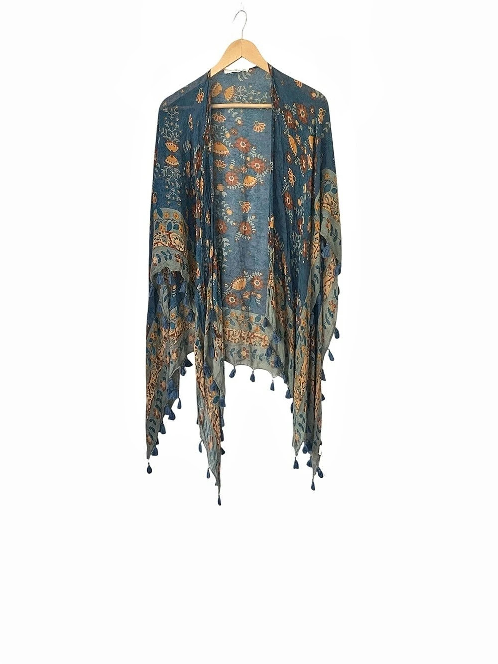 Natural life Floral Fringe Wrap in Blue & Orange